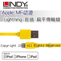 LINDY 林帝 Apple MFi認證 Lightning 盲插 扁平傳輸線 黃色 (31393)
