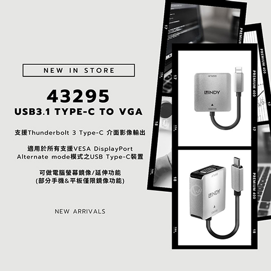LINDY 林帝 主動式 USB3.1 Type-C to VGA 鋁合金轉接器 (43295)