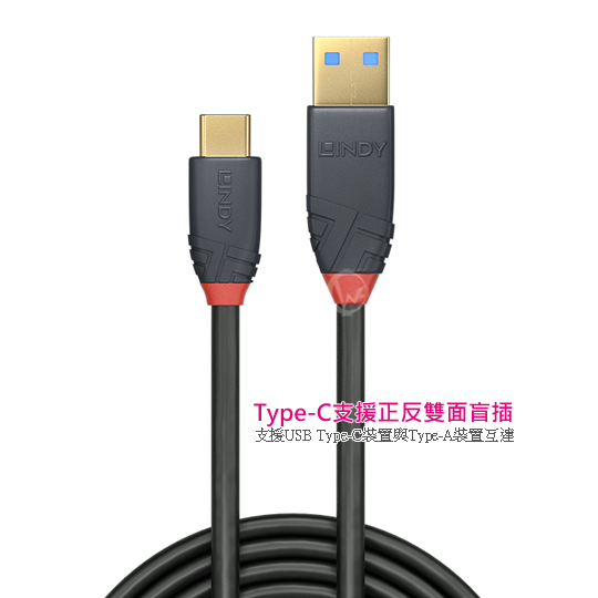 LINDY 林帝 ANTHRA LINE USB 3.2 Gen 2 Type-C/公 to Type-A/公 傳輸線+PD智能電流晶片