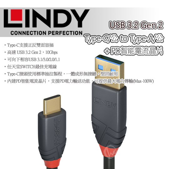 LLINDY 林帝 ANTHRA USB 3.2 Gen 2 Type-C/公 to Type-A/公 傳輸線+PD智能電流晶片