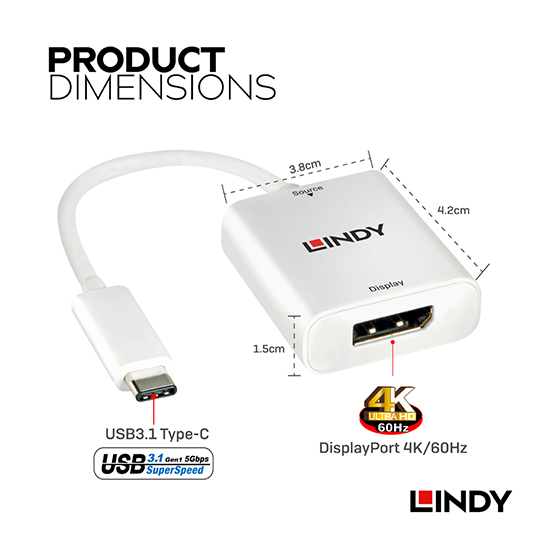 LINDY 林帝 主動式 USB3.1 Type-C to DisplayPort轉接器 (43245) 02