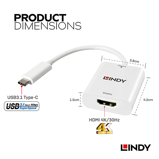 LINDY 林帝 主動式 USB3.1 Type-C to HDMI1.4 4K/30Hz轉接器(43244)