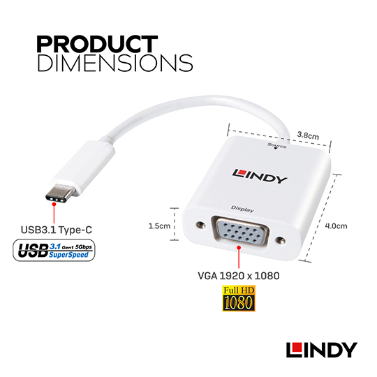 LINDY 林帝 主動式 USB3.1 Type-C to VGA轉接器 (43242)