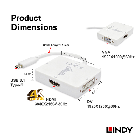 LINDY 林帝 主動式 USB3.1 Type-C to HDMI/DVI/VGA 三合一轉接盒 (43233)