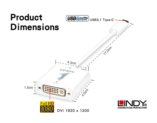 LINDY 林帝 主動式 USB3.1 Type-C to DVI-I 轉接器 (43191)
 02
