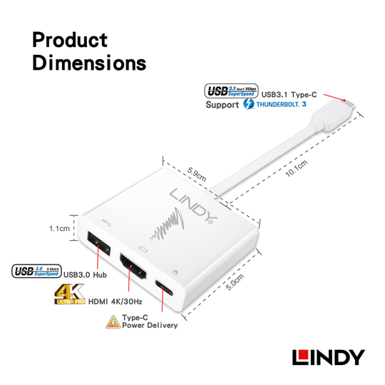 LINDY 林帝 主動式USB 3.1 Type-C to HDMI / HUB / PD 三合一轉接盒(43198)
02