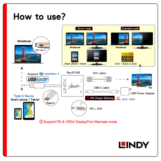 LINDY L Dʦ USB3.1 Type-C to DVI౵aPD\(43195)
03