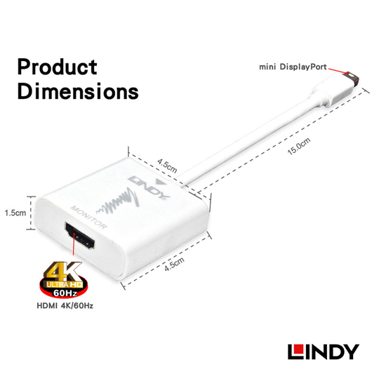 lindy 林帝 主动式 mini-displayport to hdmi 4k/60hz 转接器 (41069