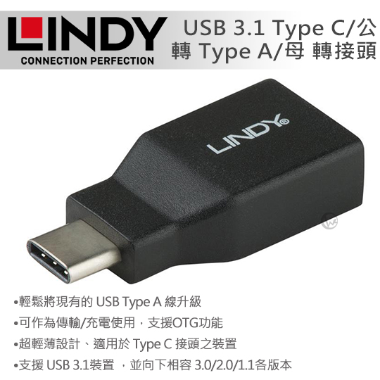 LINDY 林帝 USB 3.1 Type C/公 轉 Type A/母 轉接頭 41899